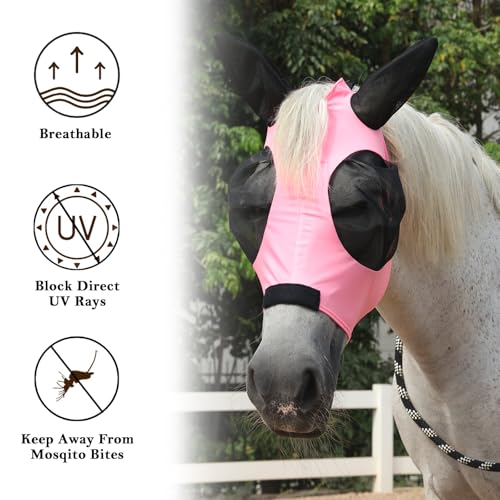 Stretchy Horse Fly Mask with Ears (Pink / Full)