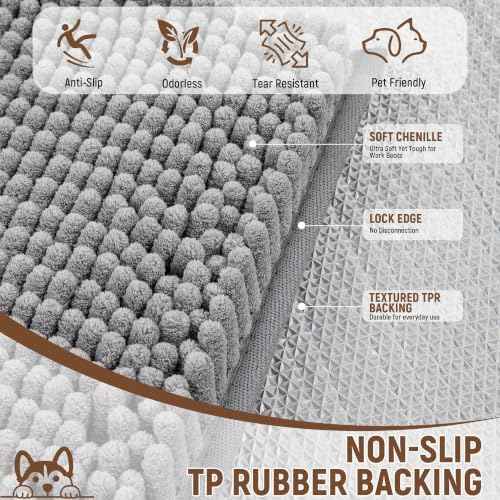Absorbent Dog Door Mat for Muddy Paws (60"L x 24"W x 1" Th / Grey With Paw)