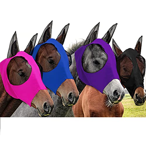 4 Pcs Horse Fly Mask with Ear (Large / Purple, Blue, Pink, Black)