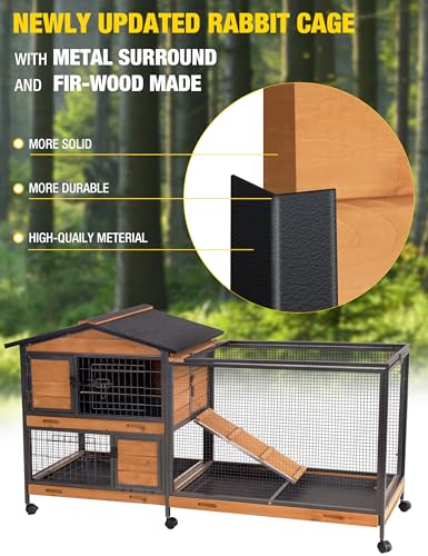 Rabbit Hutch Indoor Bunny Cage with Run Outdoor Rabbit House with Two Deeper No Leak Trays (Brown / 60.78"L x 22.6"W x 33.2"H)