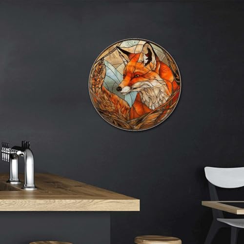 Metal Sign Tin Sign Circular Stained Glass Fox Minimalist Wall Art for Pub 12×12 Inches (12×12 Inches / Fox-2)