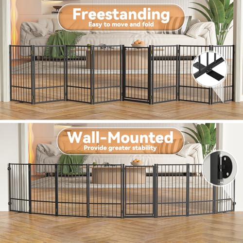 Full Metal Freestanding Dog Gate with Door (【8 Panels】160"W*32H" / Black)