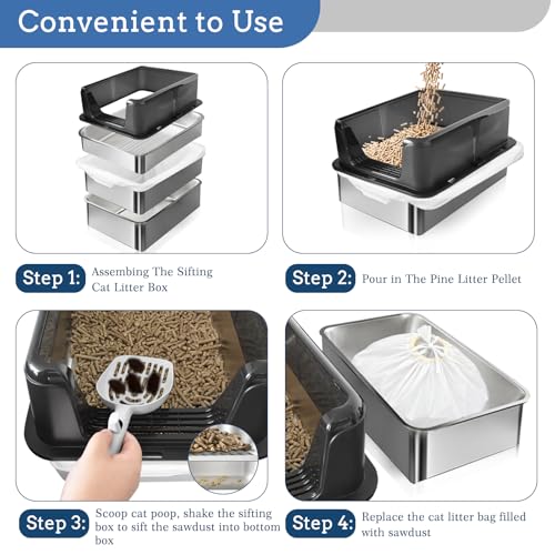 Stainless Steel Sifting Litter Box for Pine Pellets (Black / X-Large(24" x 16" x 12"))