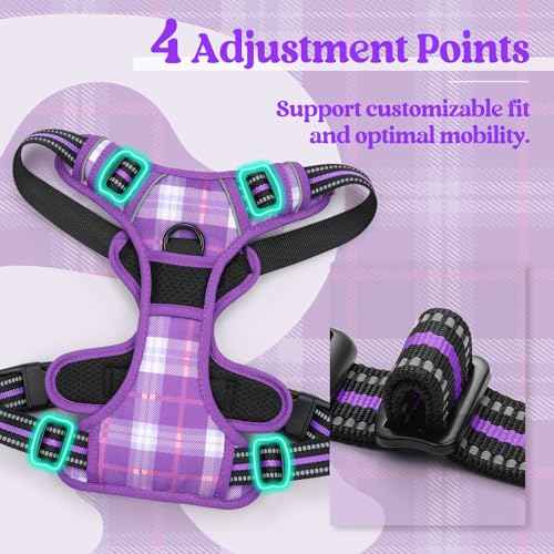 Dog Harness No Pull for Large Dogs with 2 Leash Clips (X-Large / Purple Plaid)
