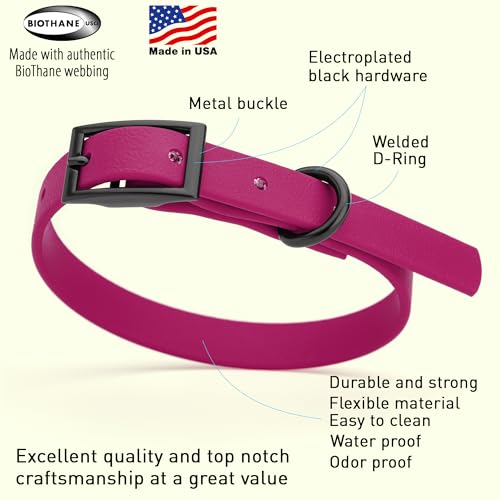 Biothane Waterproof Dog Collar Strong Coated Nylon Webbing with Black Hardware Odor (W1/2" x L9-12" / Magenta Pink)