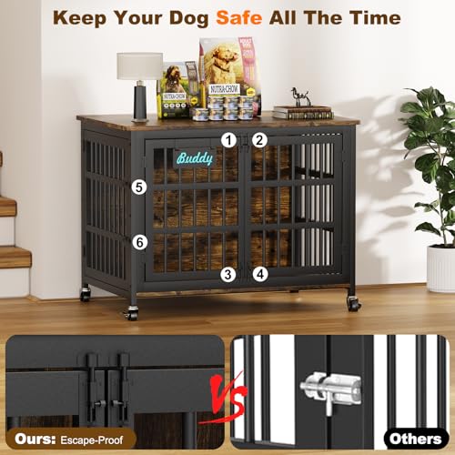 41"/33"/27" Dog Crate Furniture with Name Tag, Heavy Duty Dog Kennel Indoor for Medium Dogs, Double-Doors Sturdy Metal Dog Cage for Anxiety Dog, Decorate House as TV Stand, End Table (40.8"L x 29.3"W x 30.2"H / Brown)
