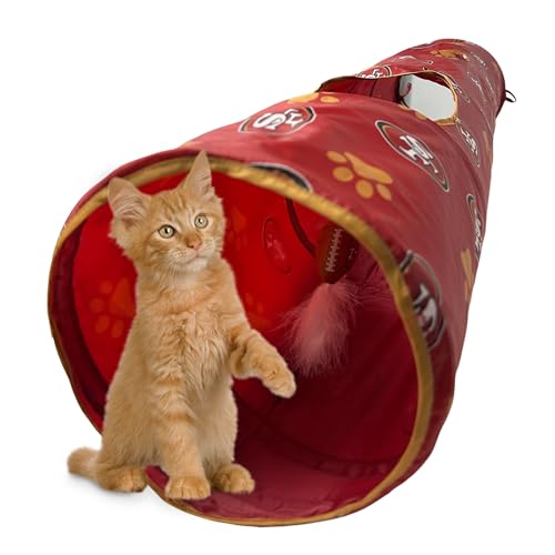 NFL San Francisco 49ers Cat Tunnel Tube Toy with Plush Football Catnip and Feathers Collapsible Tunnel for Cats to Play (San Francisco 49ers)