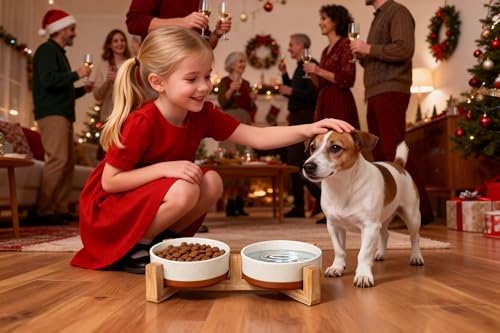 Ceramic Dog Bowls Small Size Dog with Wood Stand (S-1.5 Cups / Vanilla White（2 PCS with Stand）)