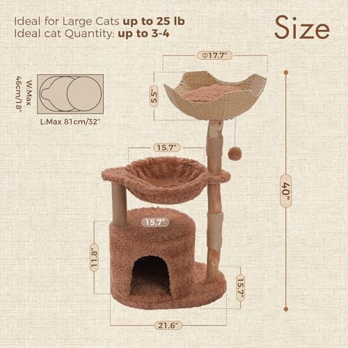 Modern Cat Tree with Real Wood&Wicker Basket for Large Cats Brown (Brown)