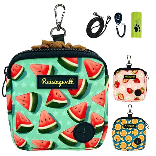 Dog Treat Pouch for Pet Walking and Training with Clicker Poop Bags Small Fanny Zipper Pack Holder for Puppy Snack Dispenser Kit for Leash and Outdoor Use (One Bag / b2.Watermelon)