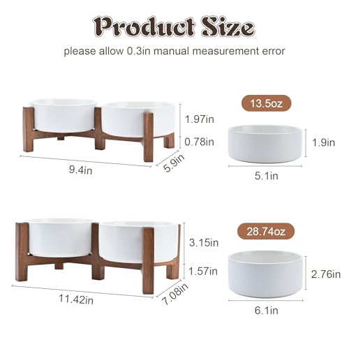 Ceramic Dog Bowls with Acacia Wood Stand (13.52 Oz / White)