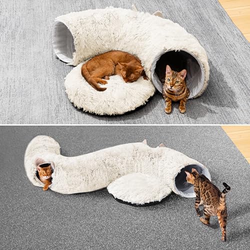 Cat Tunnel with Cat Bed for Indoor Cats (Cream white)