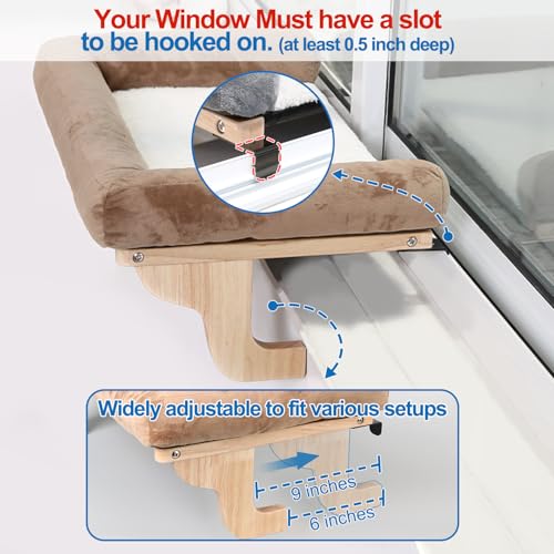 Cat Perch for Windowsill with Bolsters (Natural Color Wood with Gray Bed / 24''L x 15''W)