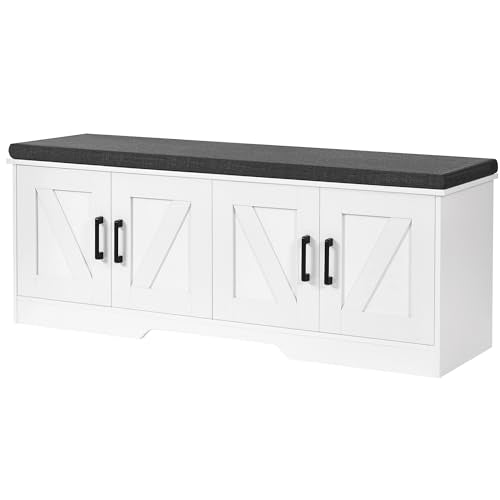 Farmhouse Shoe Storage Bench with 4 Barn Doors & Padded Seat Cushion (White / 47.2" Wide)