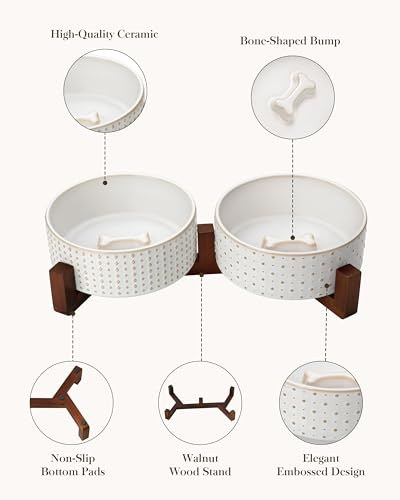 Dog Bowl Set Ceramic Bowls with Walnut Wood Stand (Rhombic+Polka Dots / 4 Cups)