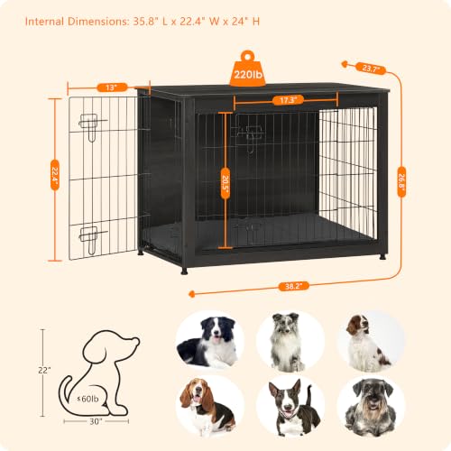 38.5" XL Dog Crate Furniture with Cushion (Dark Gray / 38.5"L x 25.6"W x 26.8"H)