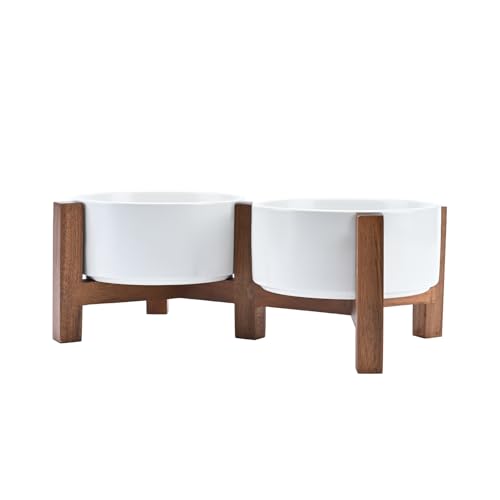 Acacia Wood Stand Dog Bowl Set Raised (28.74 Oz / White)