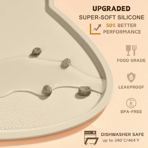 Cat Food Mat Silicone Non Slip Dog Bowl Mat Waterproof Cat Feeding Mat Stop Food Spills and Water Messes Out to Floor Pet Food Mat (Beige / 17" x 10")