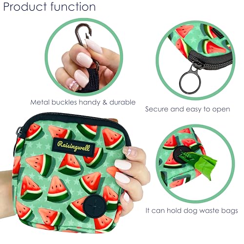 Dog Treat Pouch for Pet Walking and Training with Clicker Poop Bags Small Fanny Zipper Pack Holder for Puppy Snack Dispenser Kit for Leash and Outdoor Use (One Bag / b2.Watermelon)