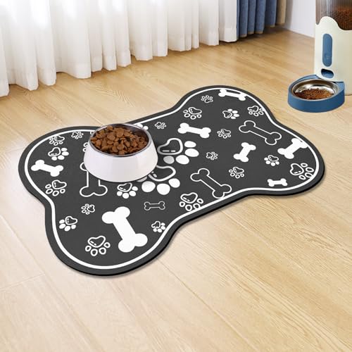 Dog Cat Food Mat (18"L x 12"W / Bone Shaped Black)