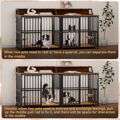 XXL Dog Crate Furniture for 2 Dogs (Rustic Brown & Black / Extra Extra Large Size: 72 x 28.7 x 36.8 inch)