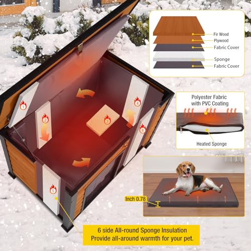 Heated Dog House Outdoor & Indoor Dog Kennel with Insulated Liner & Heating System for Winter Waterproof Large Dog Cage for Small & Medium & Large Dogs (43.3"Brown(With Insulated Liner))