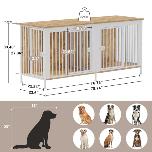 78.74" Dog Crate Furniture for 1 or 2 Dogs (White / 78.7"L x 23.6"W x 33.5"H)