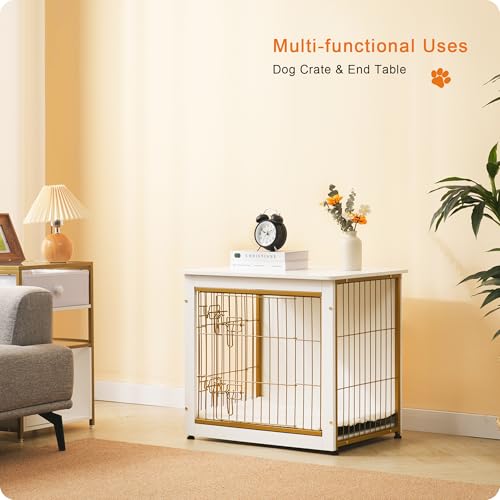 27" Dog Crate Furniture (White+Gold / 27.2"L x 20.1"W x 23.6"H)
