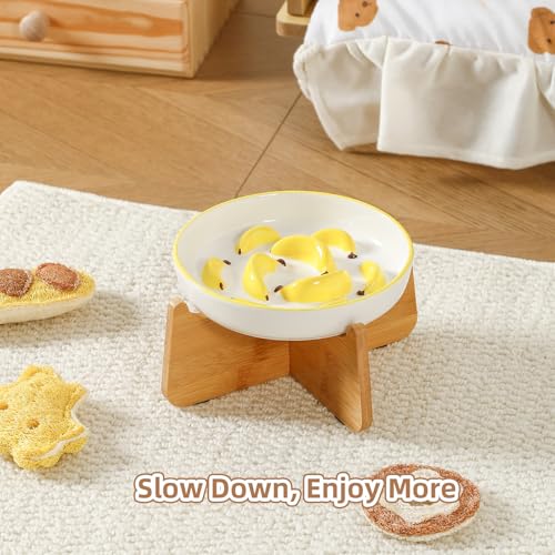 Ceramic Slow Feeder Cat Bowl (Yellow Elevated (Bamboo) / 3.7"H Elevated (Bamboo))