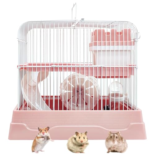 2 Tier Dwarf Hamster Cage (M: 11.7x8.7x9.8in / Pink)