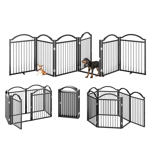 Metal No Assembly Freestanding Dog Gate with Door Walk Through (Black C / 6 panels 144"W*32"H HYG)