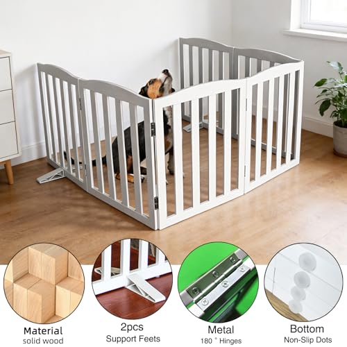 Foldable Freestanding Indoor Dog Gate for House Wood White Long Pet Gates Dog Fence for Stairs Puppy Gates for Hallways (White / 【6 Panels】120''w X 32''h)
