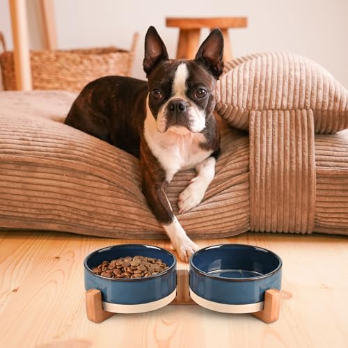 Ceramic Dog and Cat Bowl Set with Wooden Stand (1.7 cups / Pattern Blue × 2)