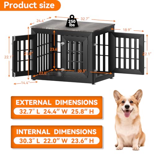 32" Heavy Duty Dog Crate Furniture for Small (32.7"L x 24.4"W x 25.8"H / Black+Grey)