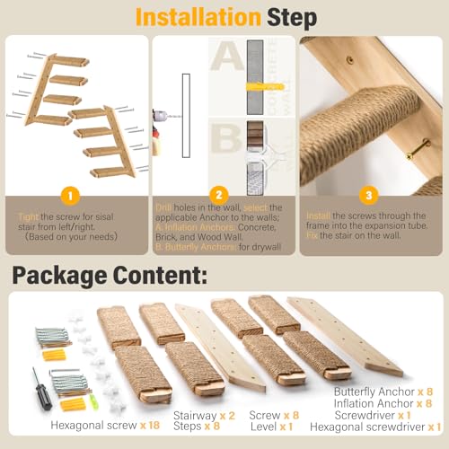 2 Pack 4 Steps Cat Wall Shelves and Stairs with Sisal Rope.Cat Wall Steps (Brownish white / 2 Pack 4 Steps)