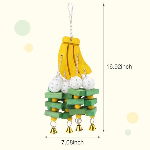 Large Parrot Hanging Swing Toy Bells Chew Toy Colorful Hanging Wood Block Parrot Macaw African Greys Cockatiels Budgies Conure Banana Shape Natural Birds Cage Hanging Toy (Banana)