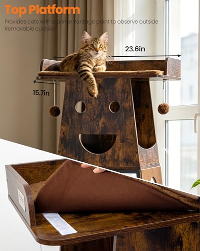 56in Modern Wood Cat Tree Tower for Indoor Cats with Hammock (Rustic Brown4 / 56 Inches)
