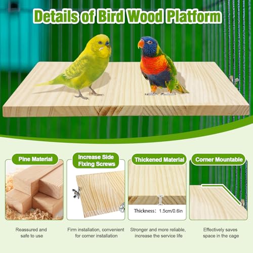 2PCS 13.8x7.9 inches Large Bird Perch Stand Wooden Parakeet Stand Platform Parrot Cage Accessories Rectangle Corner Stand Perch Shelf for Budgie Cockatiel Conure Macaw African Grey Chinchilla (2 PCS)