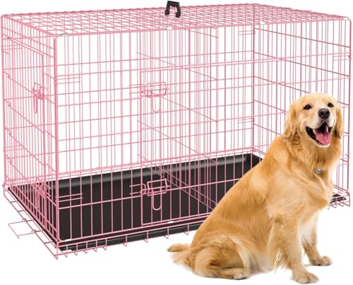 Dog Crate 42" Foldable Metal Kennel with Double Doors (Pastel Pink)