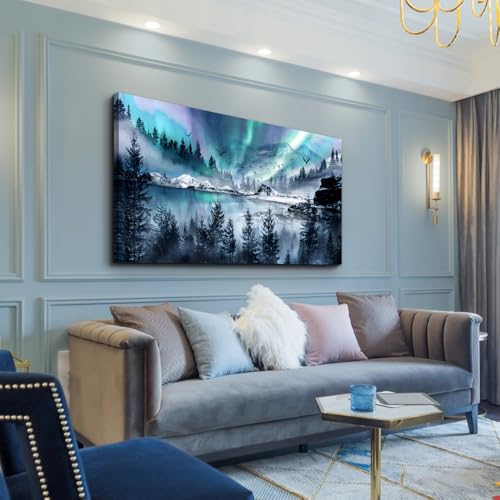 Modern Canvas Wall Art For Office Large Wall Decorations For Living Room Stretched And Framed Canvas Prints Paintings Blue Aurora Scenery Wall Pictures Artwork Hotel Mural Ready To Hang (60"L x 30"W / Blue Aurora Scenery Wall Pictures)