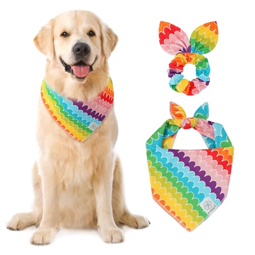 Rainbow Dog Bandanas & Matching Scrunchie Set Girl Cute Pride Dog Scarf Bibs Pet Bandana with Bow Tie for Medium Large Dogs Owner Mom Summer (rainbow-02 / Large-set of 1)