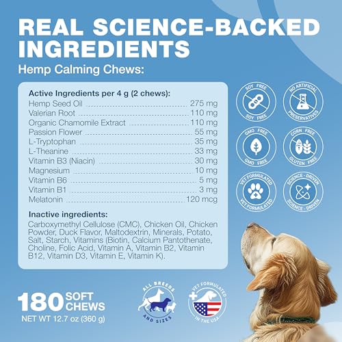 Hemp Calming Chews for Dogs Anxiety Relief & Calming Treats with Melatonin (180 count / Duck Flavor Calming Chews)