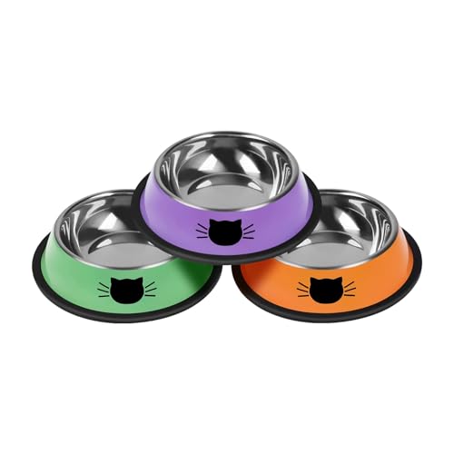 3 Pcs Non Slip Stainless Steel Small Cat Food Bowls (Purple, Green, Orange / 7 oz)