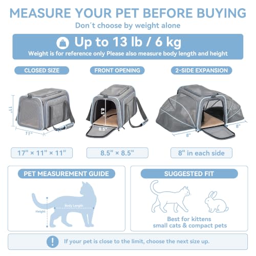 Medium Double Expandable Cat Carrier for Cats and Small Dogs (17.0"L x 11.0"W x 11.0"H / Light Grey)