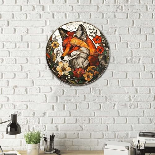 Metal Sign Tin Sign Circular Stained Glass Fox Boho Bedroom Decorations for Home Decor 8×8 Inches (8×8 Inches / Fox-1)