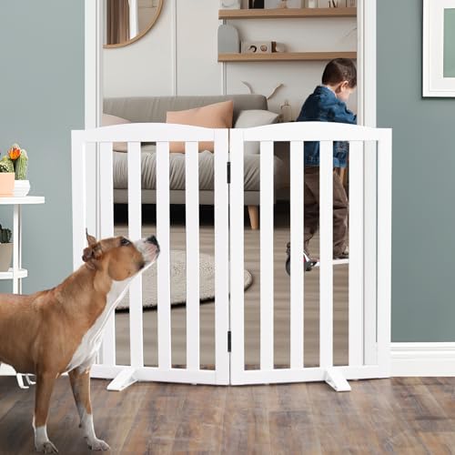 Foldable Freestanding Indoor Dog Gate for House Wood White Long Pet Gates Dog Fence for Stairs Puppy Gates for Hallways (White / 【2 Panels】40''w X 32''h)