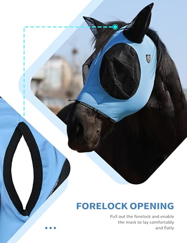 Horse Fly Mask with Forelock Opening Stretch Breathable and Comfortable for Horses UV (Ice Blue / L)