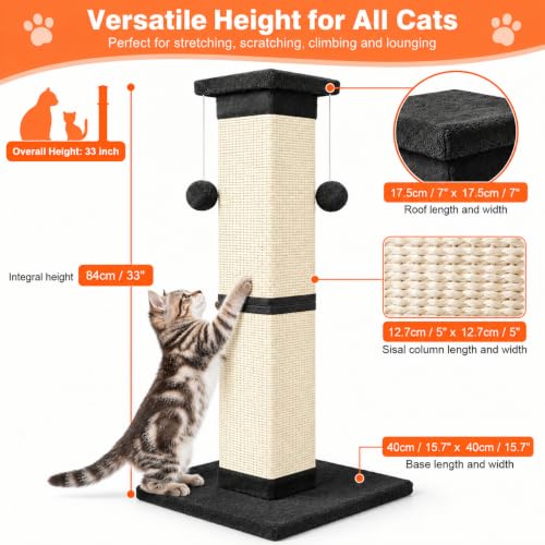 Cat Scratching Post 33 Inch Nature Sisal Cat Scratch Post for Indoor Cats (Black)