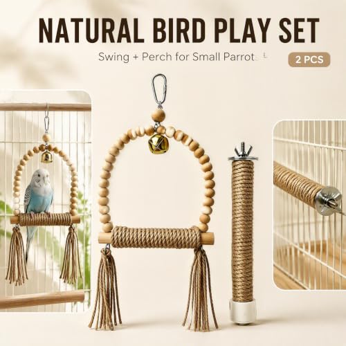 Natural Wood Bird Swing Toy with Hemp Rope Perch for Small Parrots (colorful)