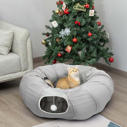 Cat Tunnel with Bed for Kitten Puppy Rabbit Ferret (Light Grey)